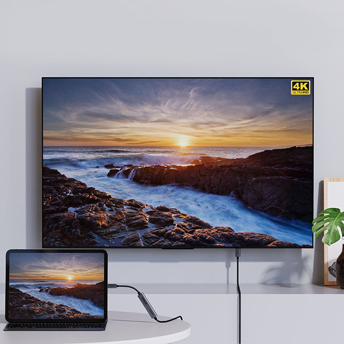 USB C to HDMI Adapter connecting laptop with led