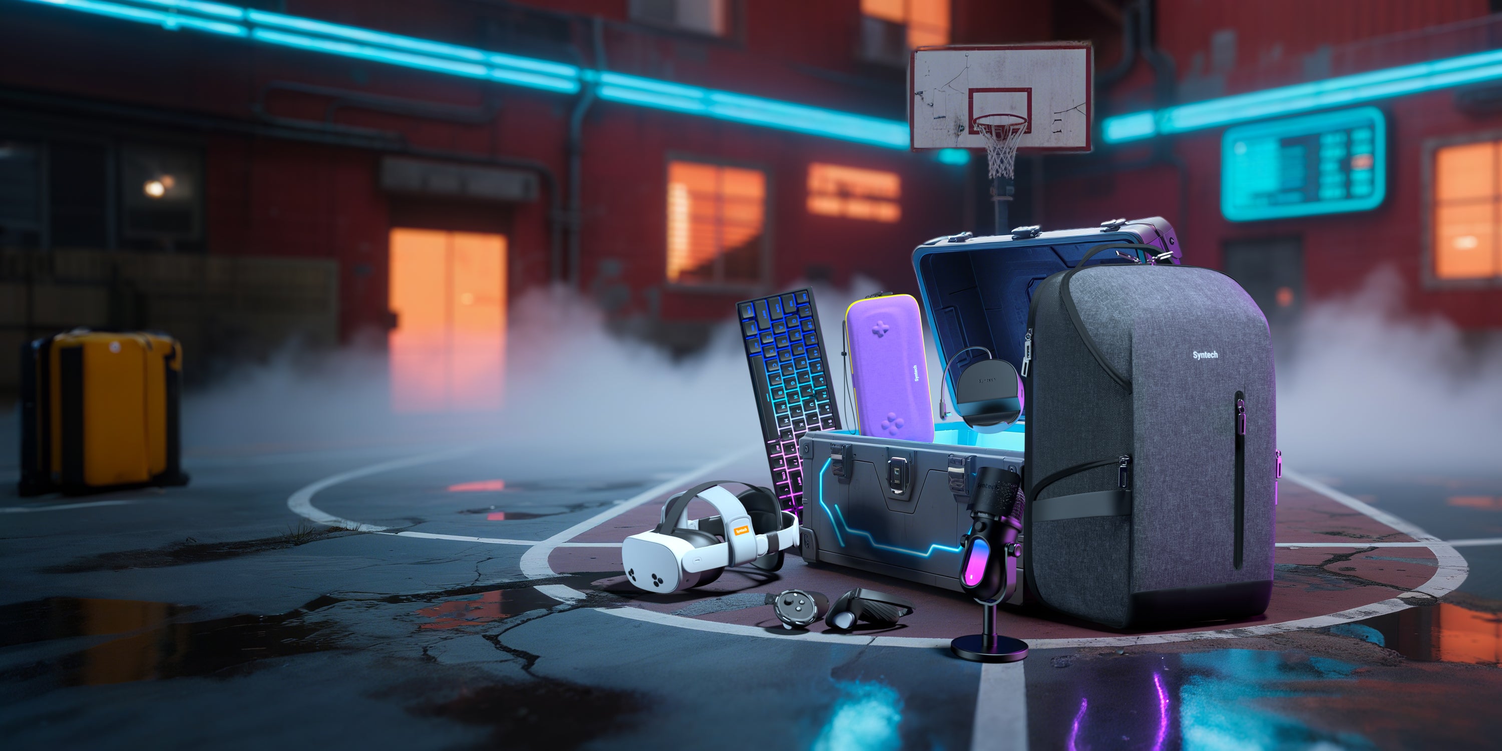 Syntech gaming setup with a XR backpack, Chronos 68 keyboard, and microphone and headset, Switch Carrying Case.