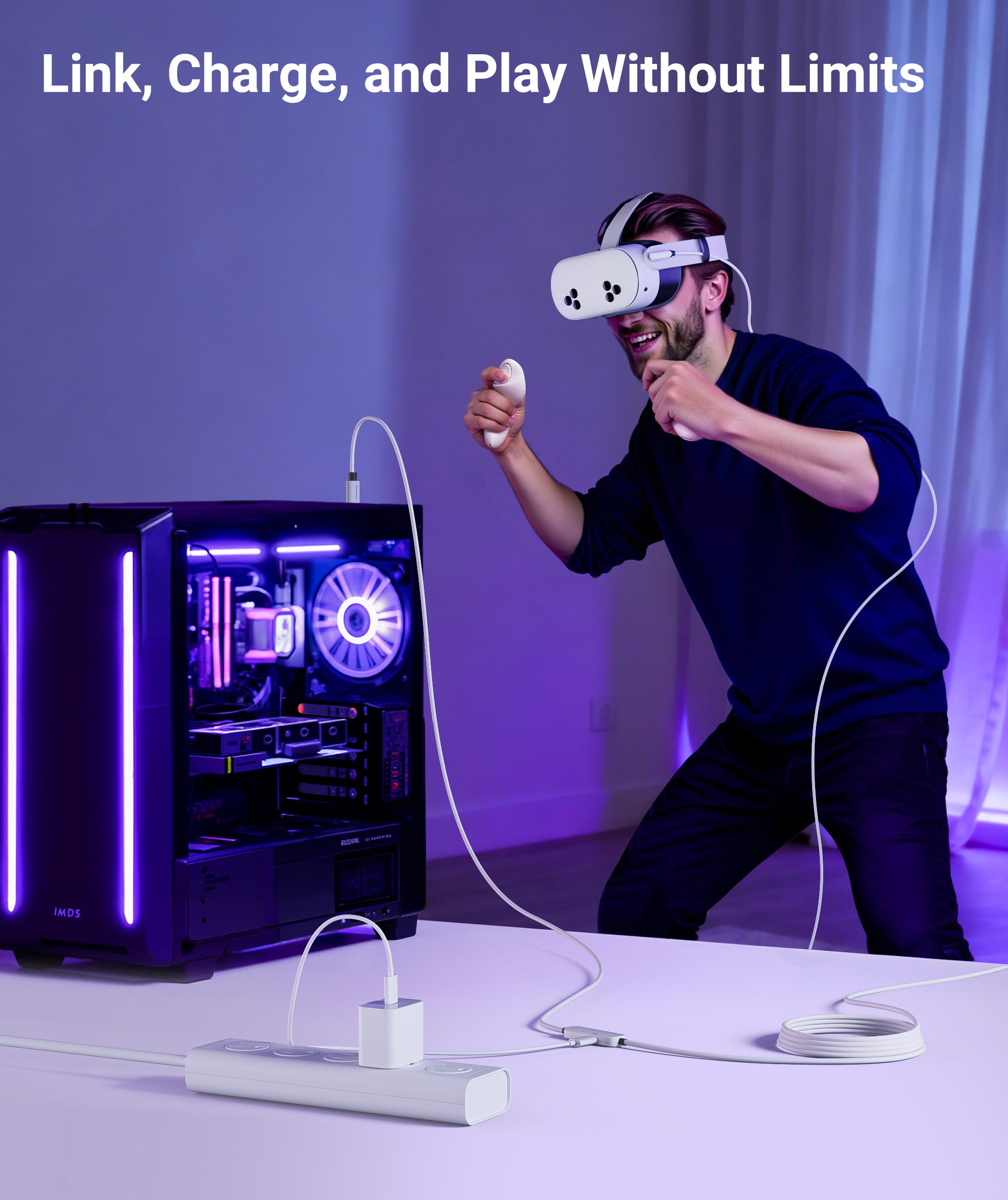 2 in 1 VR Headset Fast Charging Link Cable for Quest2, Quest3, Pico4