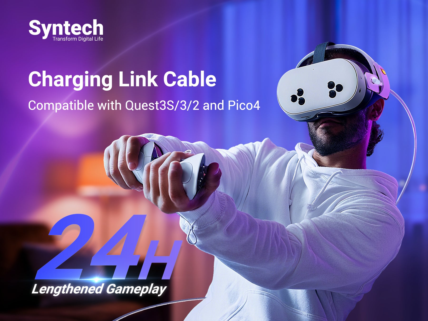 2 in 1 VR Headset Fast Charging Link Cable for Quest2, Quest3, Pico4
