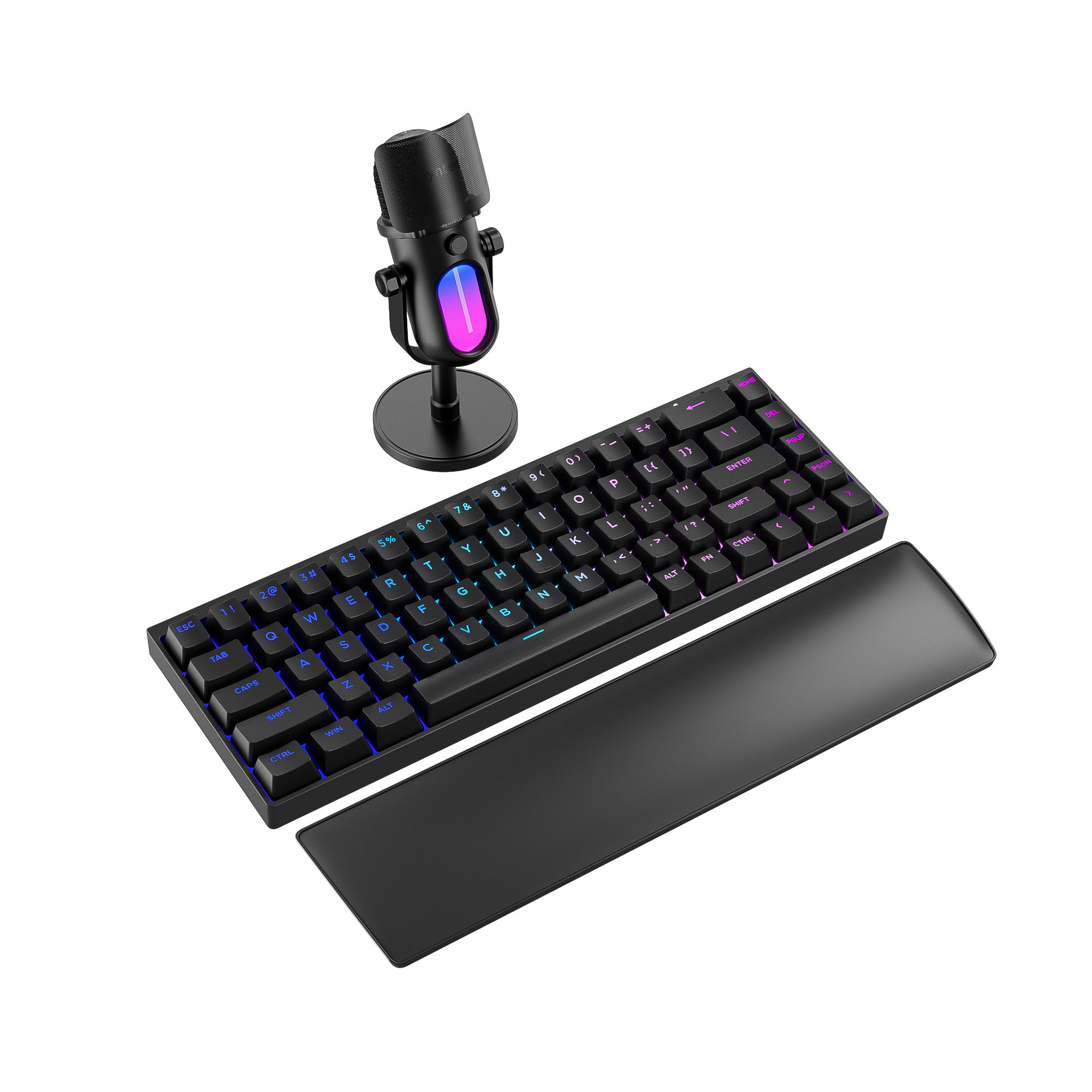 Keyboard, microphone, and wrist rest on a white background