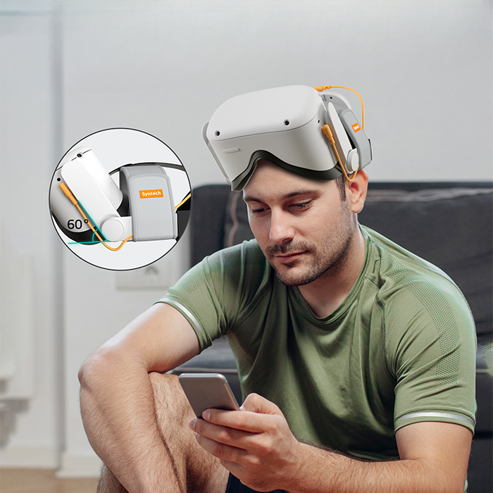 man wearing Headstrap with Battery pack for Quest 2